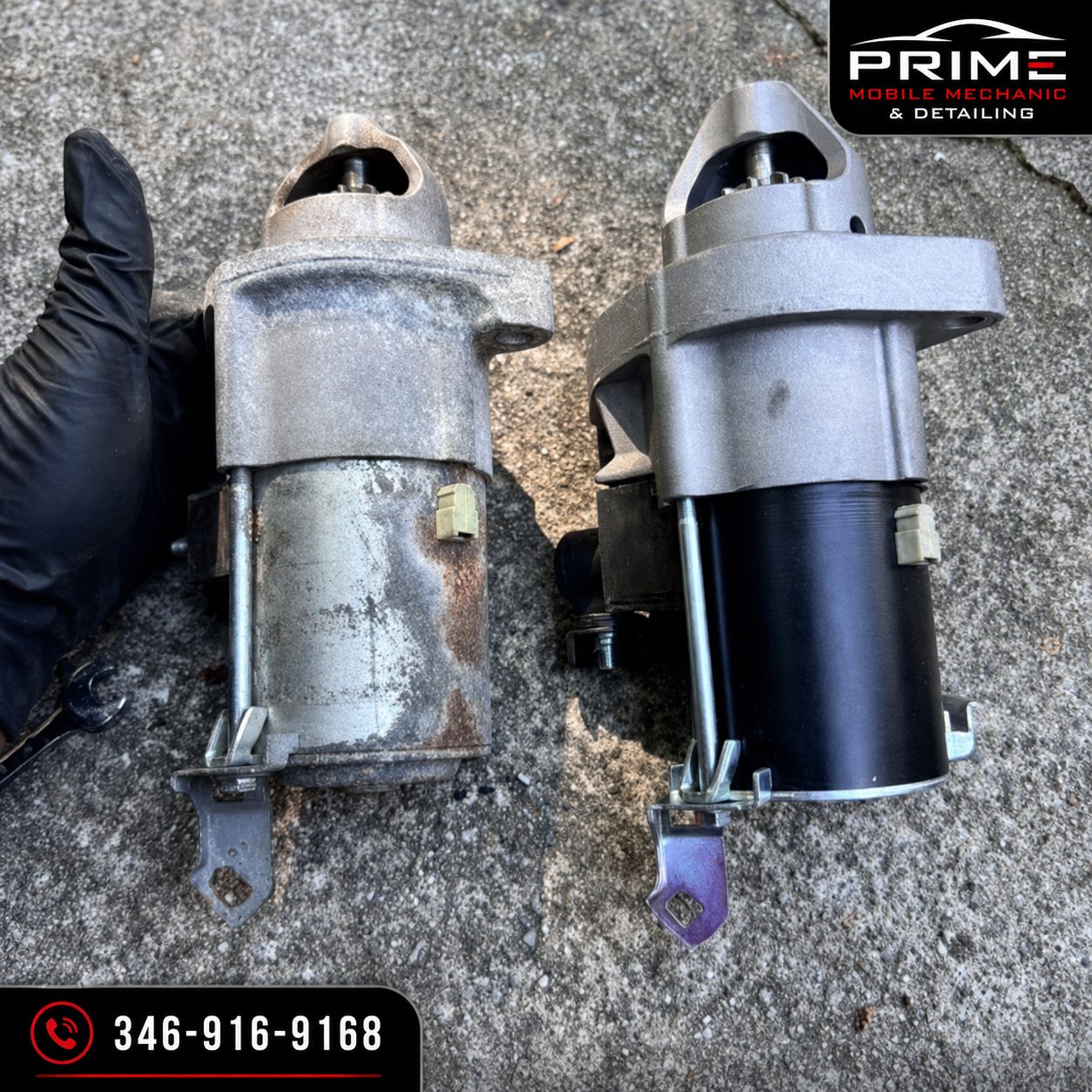 Original worn starter motor next to the replacement starter before installation