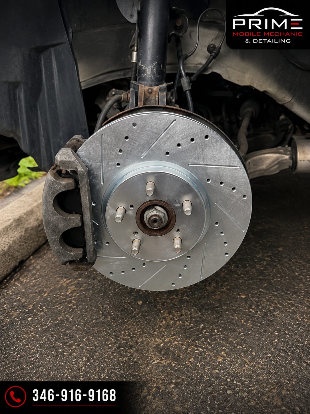 New drilled and slotted front rotor installed on a customer vehicle