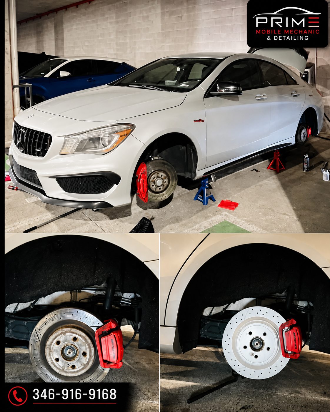 Mercedes-AMG CLA on jack stands with drilled rotors and red calipers replaced on site